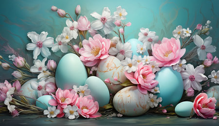Still life image with white and pink flowers and Easter eggs in pictorial style. Eggs decorated with flowers. Pastel color.の素材