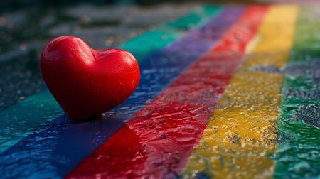 A red heart rests on a vibrant rainbow-painted road, symbolizing love, pride, and inclusivity. This powerful composition blends the warmth of the heart with the bold statement of the rainbow, celebrating diversity and equality on the journey of loveの素材