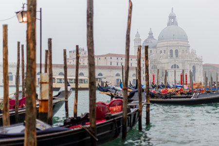 A stunning view from San Marco in Venice, showcasing iconic gondolas gently swaying on the lagoon. In the background, the magnificent Basilica Santa Maria della Salute stands as a symbol of Venetian heritage and beauty. This is a foggy day.の写真素材