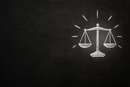 High-resolution stock photo of a blackboard with a chalk-drawn justice scale in white color. Concept image for law, equality, and fairness. Minimal composition with wide copy space for legal, business, or educational text and branding.の素材