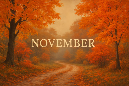 Warm and serene horizontal illustration representing the month of November. A peaceful forest path surrounded by orange and brown trees creates a calm autumn atmosphere. The soft painterly style, golden light, and falling leaves capture the essence of late autumn, symbolの素材