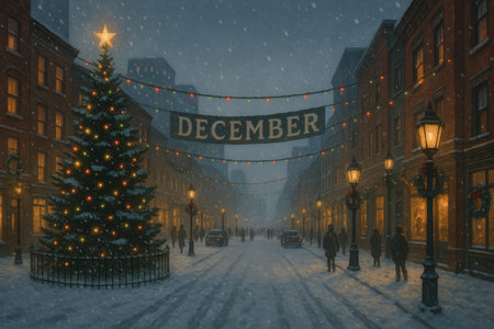 Horizontal festive illustration representing the month of December. A cozy city street covered in snow glows under the evening sky, with colorful Christmas lights, a decorated tree, and a bright sign reading DECEMBER hanging above the street. The scene captures the joyful spirit of the holiday season with warmth, charm, and a magical winter atmosphere. Perfect for Christmas cards, calendars, festive designs, and winter-themed projects.の素材