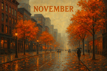 Horizontal illustration representing a rainy November day in the city. People walk with colorful umbrellas along a wet street surrounded by orange-leaved trees, cars, and buildings reflecting warm autumn tones. The painterly style and soft lighting create a cozy, nostalgic atmosphere that captures the charm of rainy fall days. Perfect for seasonal artwork, calendars, and urban autumn scenes.の素材