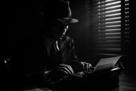 Cinematic black and white photograph in film noir style showing a man in a suit and hat typing on a vintage typewriter. Sunlight filters through Venetian blinds, casting dramatic striped shadows across his body and the desk. The image evokes 1950s nostalgia, mystery, and classic storytelling atmosphere, capturing a timeless mood of solitude, creativity, and intrigue. Perfect for illustrating noir fiction, retro office scenes, detective stories, or artistic vintage concepts.の素材