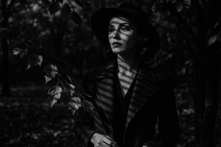Cinematic black and white portrait of an elegant woman dressed in 1950s style, wearing a hat and standing outdoors during autumn. Soft sunlight filters through tree branches, casting dramatic shadows across her face and body. The image evokes a timeless film noir atmosphere filled with mystery, sophistication, and nostalgia. Perfect for illustrating retro fashion, classic beauty, or moody seasonal concepts.の素材