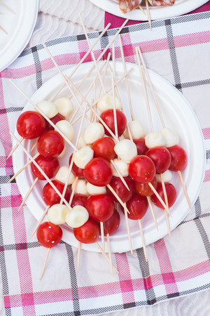 Brochette of pieces of mozzarella and cherry tomatoes on a picnicの写真素材