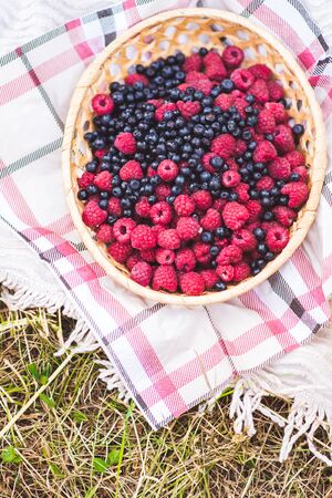 Harvest of raspberries and blueberries in a wicker basket in the villageの写真素材