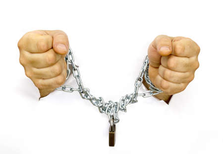 man hands handcuffed with chains and lock