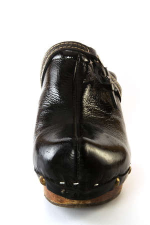 black leather woman shoe from the frontの写真素材