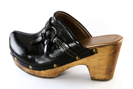 black leather woman shoe from the sideの写真素材