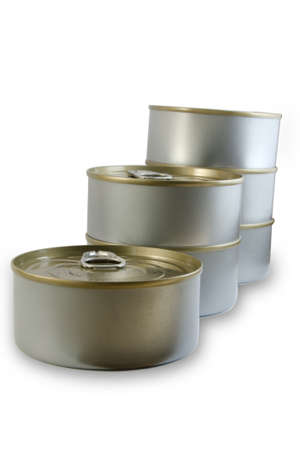 tuna cans pyramide on white backgroundの写真素材