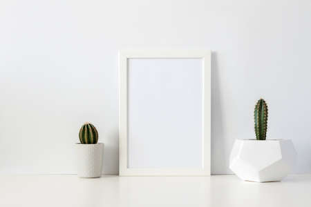 Two cactuses in pots against a white empty wall. Mockup frame. Geometric flower pot. White shelf at...