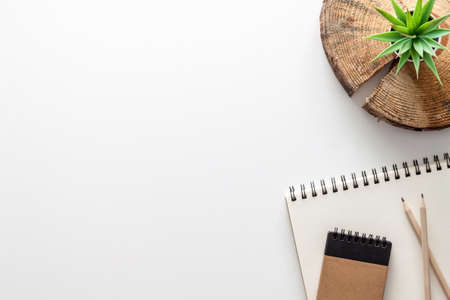 White desk with copy space. View from above. Office supplies. An ecological workplace. Wooden work...
