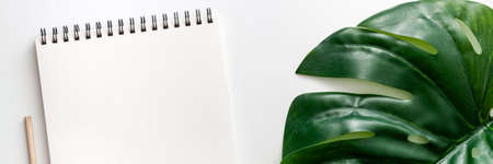 White desk. Top view sketchbook mockup for text. Big monstera leaf. Creative hipster space. Scandinavian style. Panoramic real photoの写真素材