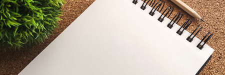 Open sketchbook on a cork desk and green plants. Panorama