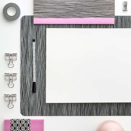 Open notebook, sketchbook or scrapbook with white blank page. Ideas, notes, plan writing or sketching concept. Top view mockup. Office toolsの写真素材