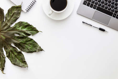 White desk copy space seen from above with a laptop keyboard, notebook, coffee, pen and green dried large leafの写真素材