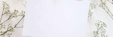 Panoramic photo of a white mockup card located in the middle of field flowers on a white deskの写真素材