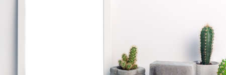 Panoramic photo of a white mockup frame with cactuses in concrete pots