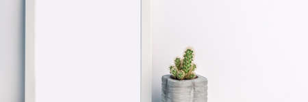 Panoramic photo of a white mockup frame with a cactus in a concrete pot on an empty white background