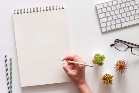 Sketchbook mockup. Female hand with a pencil. Keyboard and succulents.の写真素材