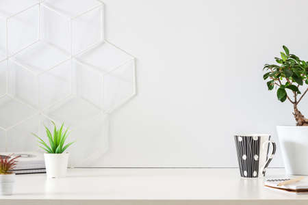 Minimal business desk. Blank wall copy space. Front view. Geometric toolbox.の写真素材