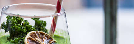 Green healthy kale cocktail. Copy space. Panoramic photoの写真素材