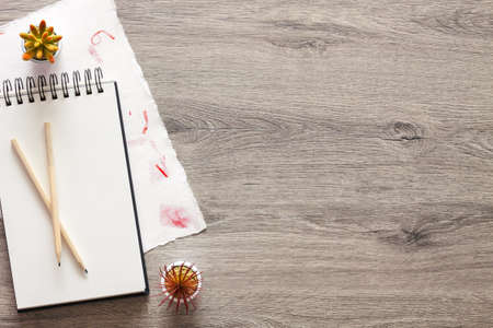 Wooden home desk. Copy space. Drawing supplies, handmade paper, open sketchbook and succulents. View from above.の写真素材