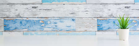 A desk by a wall made of old boards. Copy space. A single plant in a pot. Succulent. Home shelf. Scandinavian style. Panorama.の写真素材