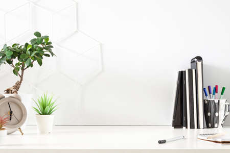 Business desk. Copy space. Office utensils and plants in pots. Notebooks and books. Home office. Geometrical pattern.の写真素材
