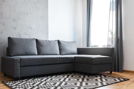 Concrete wall, geometric woven carpet and copy space. Living room with a gray sofa. Window with curtains.の写真素材