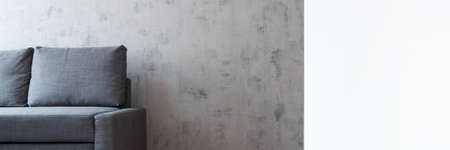 Concrete wall. Living room with a gray sofa. White copy space. Banner. Panorama.の写真素材