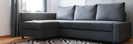 Concrete wall, geometric woven carpet and copy space. Living room with a gray sofa. Window with curtains. Banner. Panorama.の写真素材