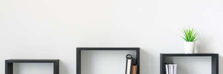 Home office. Homework. Square shelves. Succulents as decoration. White wall copy space. Banner. Panorama.の写真素材