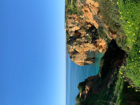 Aerial view of the cliffs of Ponta de Sao Lourenco, Portugalのeditorial素材