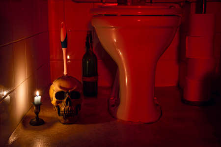 Halloween restroom scene with a skull toilet brush holder and toilet.の写真素材