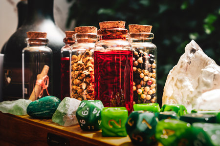 Image of a collection of glass stopper bottles with magic ingredientsの写真素材