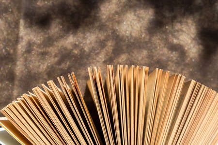 An open book out against a glittery background in the warm afternoon sunの写真素材