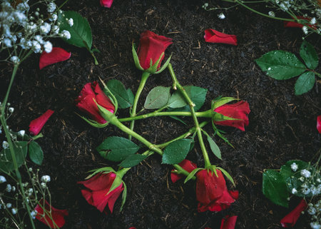 Red roses form a pentagram on dark soilの写真素材