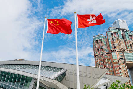 China and Hong Kong flagsの写真素材