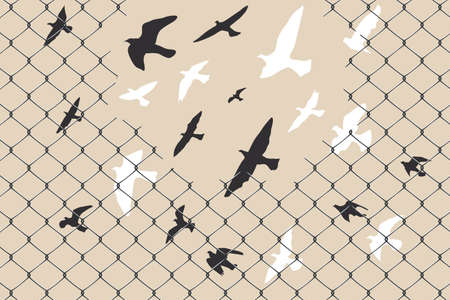 Birds flying over broken barbed wireのイラスト素材