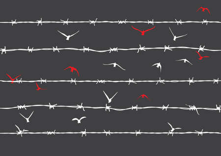 Birds flying over broken barbed wireのイラスト素材