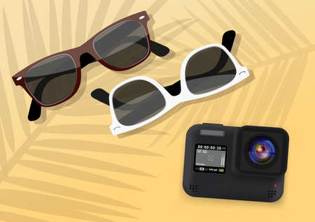 Sunglasses and action camera on beachのイラスト素材