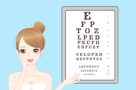 cartoon woman do vision checks with eye chartのイラスト素材