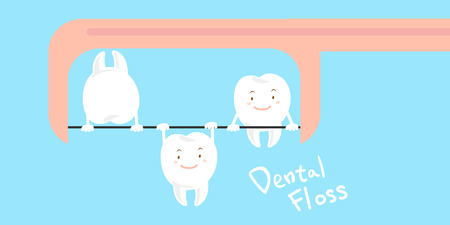 cute cartoon tooth playing with dental flossのイラスト素材