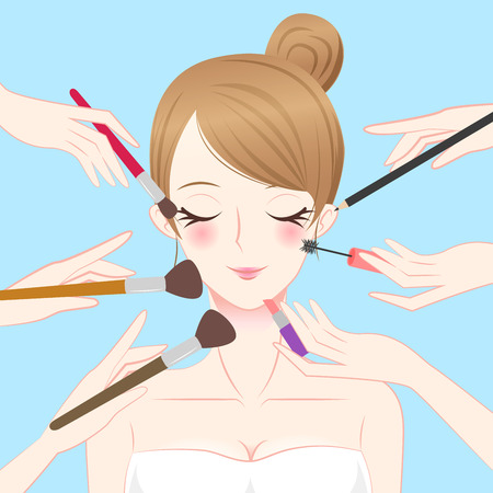 cartoon beauty make up woman with blue backgroundのイラスト素材