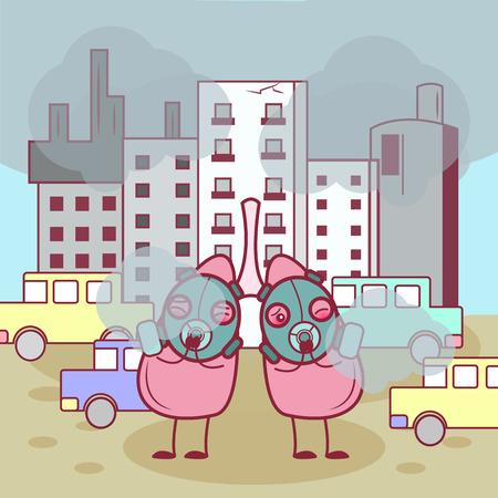 two cartoon lung wear gas mask in front of the factoryのイラスト素材