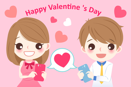 cute cartoon couple use cellphone with love heartのイラスト素材