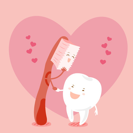 cute cartoon tooth and brush with heartのイラスト素材