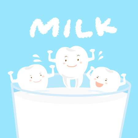 three cute cartoon healthy tooth with milkのイラスト素材